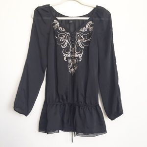 WHBM | Black Slit Sleeve Embroidered Blouse